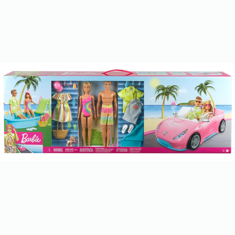 Barbie GJB71 - Gift Set with Convertible, Pool with Slide, Doll and Ken Doll in Swimwear, with Fashion and Accessories, Gift for Children from 3 to 7 Years