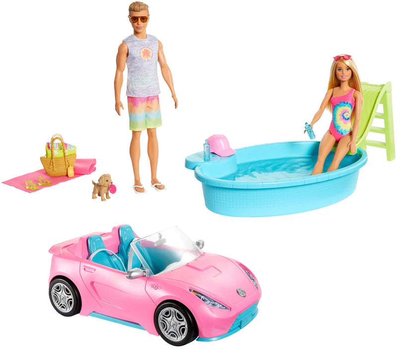 Barbie GJB71 - Gift Set with Convertible, Pool with Slide, Doll and Ken Doll in Swimwear, with Fashion and Accessories, Gift for Children from 3 to 7 Years