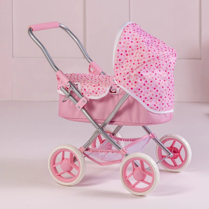 Pink Polka-Dot Baby Doll Pram for Kids – Foldable Stroller with Mattress & Storage