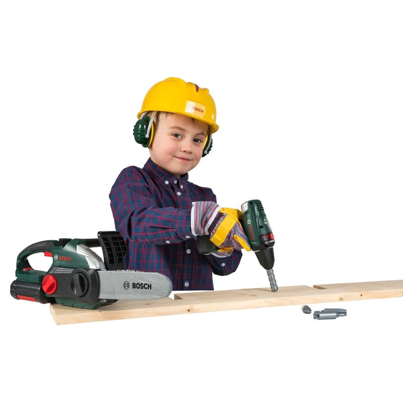 Construction Tool Kit Play Set with Chainsaw, Drill, Helmet and Accessories