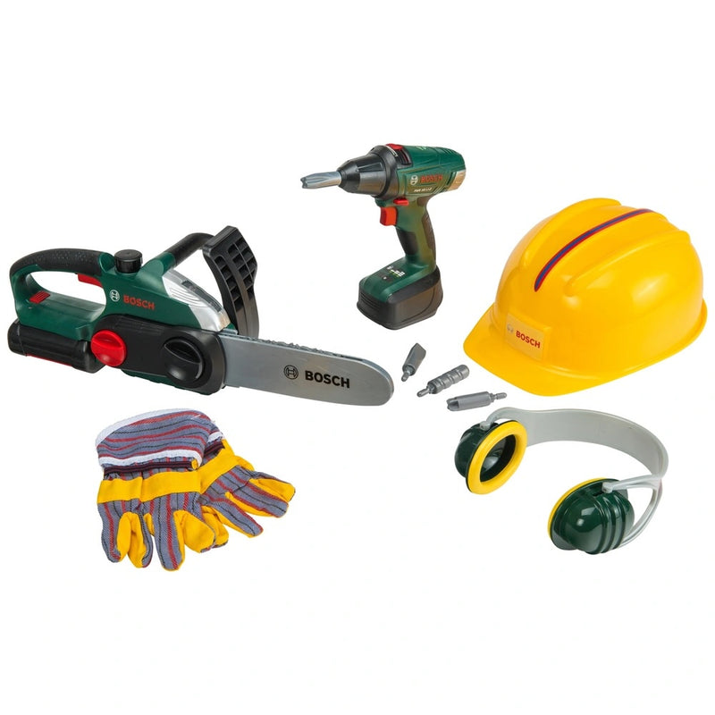 Construction Tool Kit Play Set with Chainsaw, Drill, Helmet and Accessories