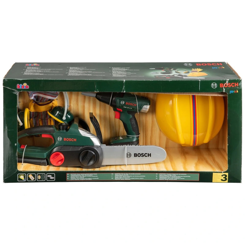 Construction Tool Kit Play Set with Chainsaw, Drill, Helmet and Accessories