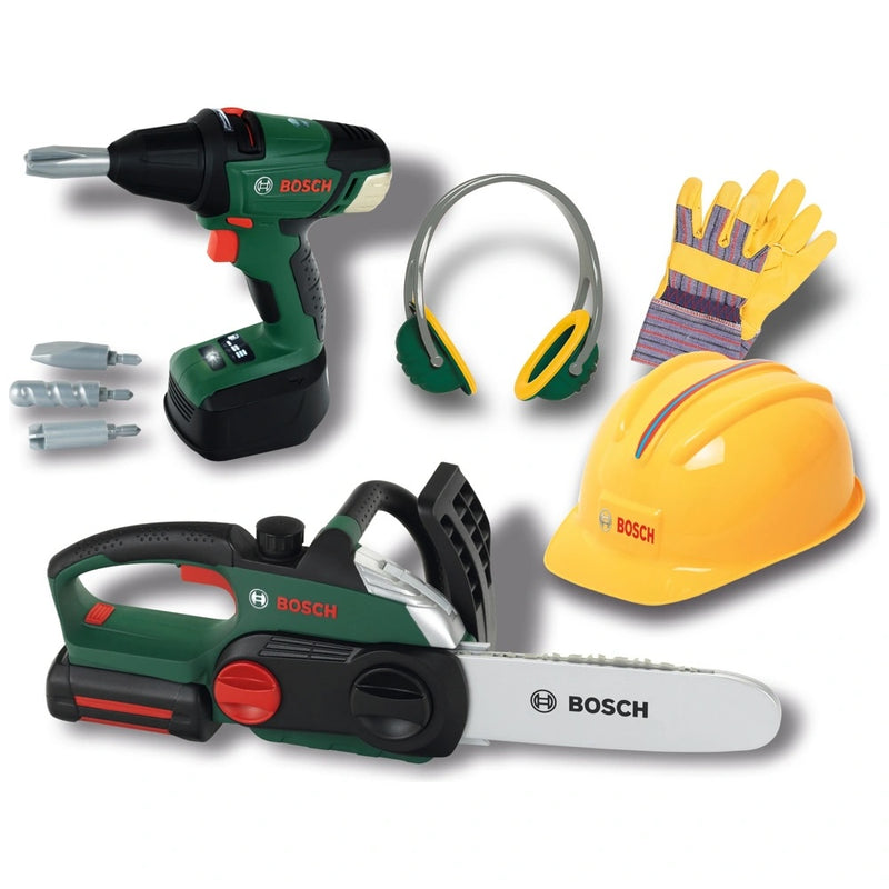Construction Tool Kit Play Set with Chainsaw, Drill, Helmet and Accessories