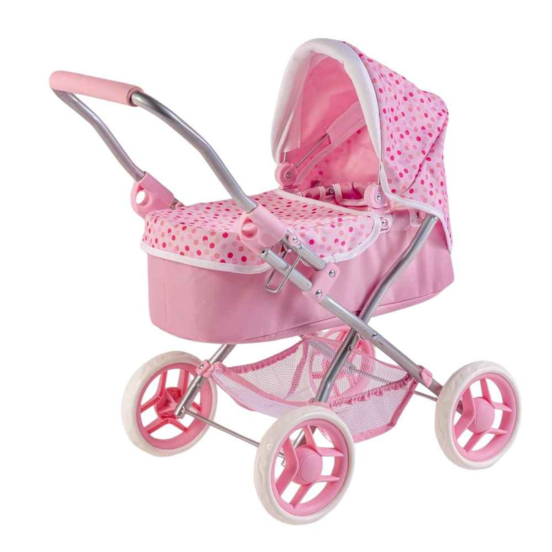 Pink Polka-Dot Baby Doll Pram for Kids – Foldable Stroller with Mattress & Storage
