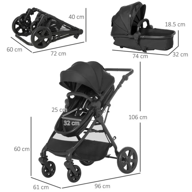 Foldable Baby Pushchair With Fully Reclining Backrest From Birth to 3 Years - Black