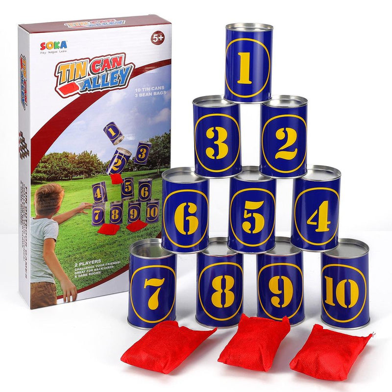 Tin Can Alley Game 10 Metal Tins & 3 Bean Bags – Indoor Outdoor Games