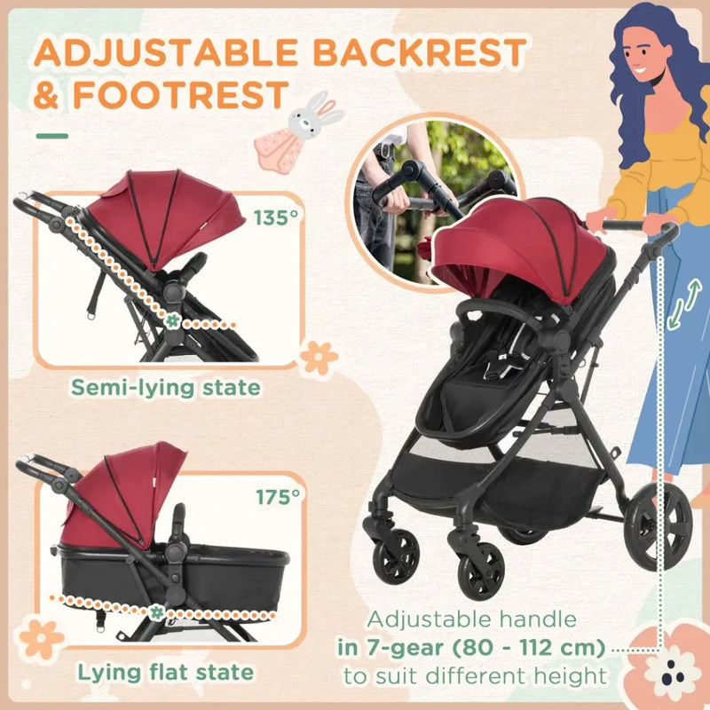 Foldable Baby Pushchair With Fully Reclining Backrest From Birth to 3 Years - Red