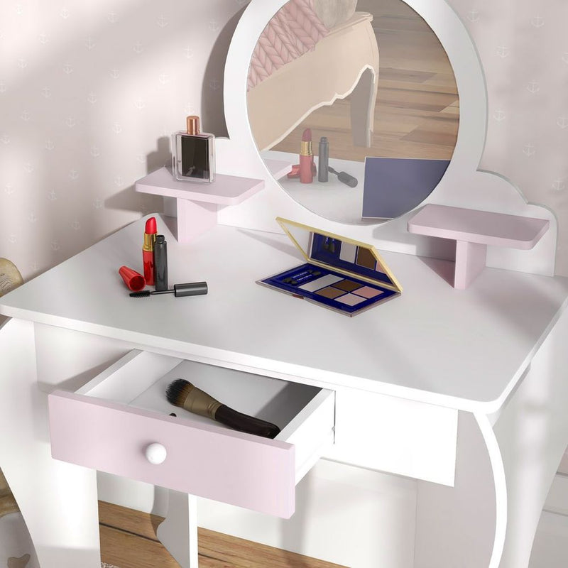Kids Dressing Table with Mirror and Stool, Drawer, Storage Shelf