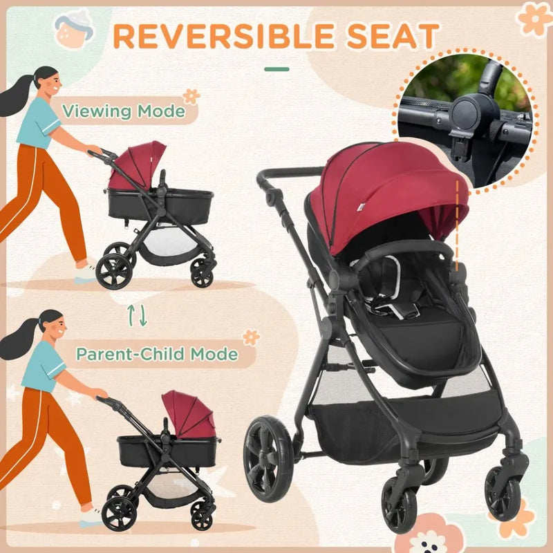 Foldable Baby Pushchair With Fully Reclining Backrest From Birth to 3 Years - Red