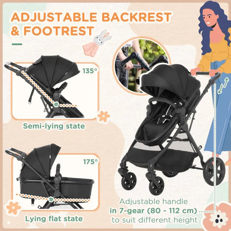 Foldable Baby Pushchair With Fully Reclining Backrest From Birth to 3 Years - Black