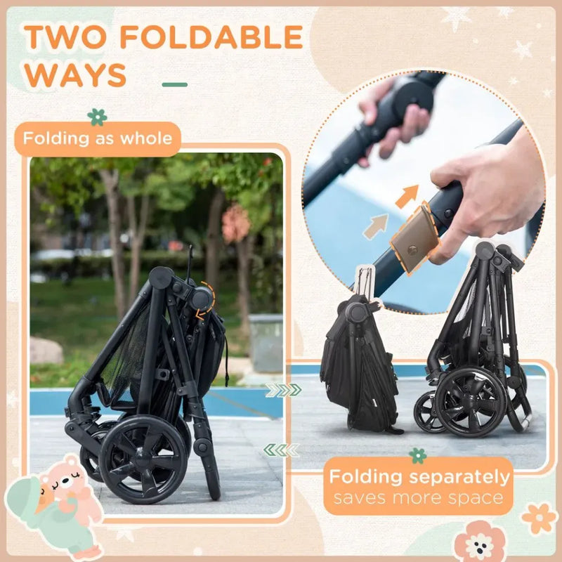 Foldable Baby Pushchair With Fully Reclining Backrest From Birth to 3 Years - Black