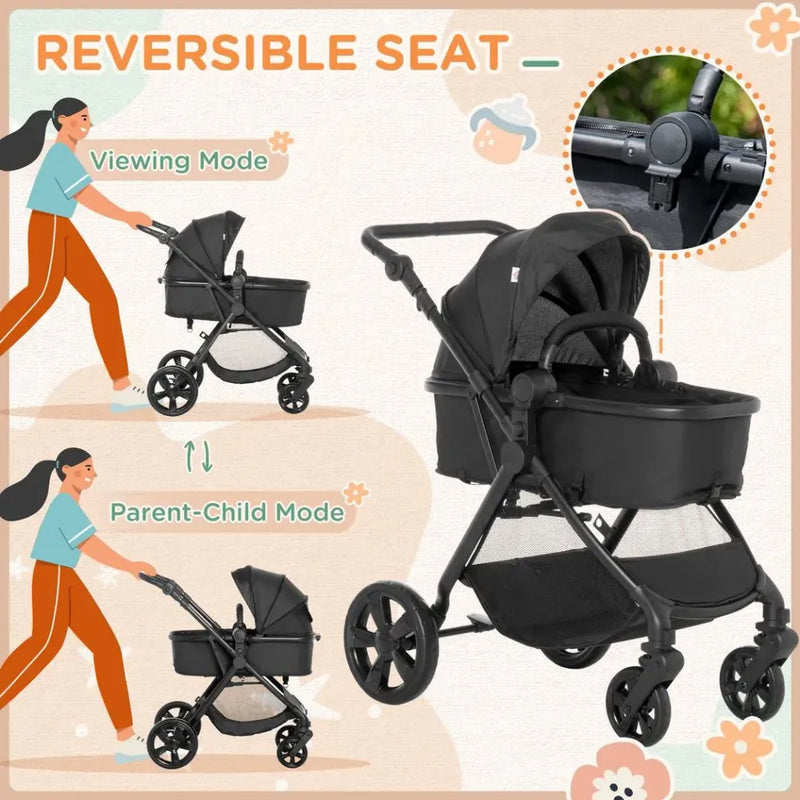 Foldable Baby Pushchair With Fully Reclining Backrest From Birth to 3 Years - Black