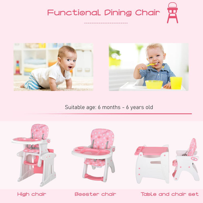 3-in-1 Convertible Baby High Chair Booster Seat With Removable Tray Pink