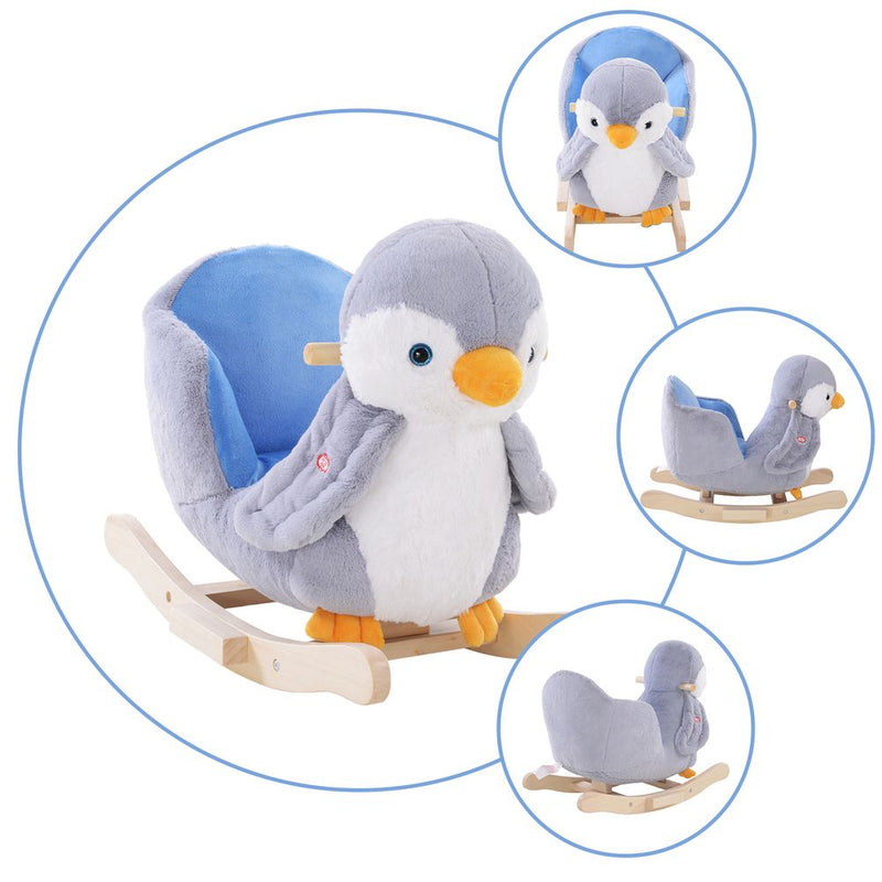 Animal Baby Rocking Horse Penguin Plush Musical Button With 32 Songs Wood