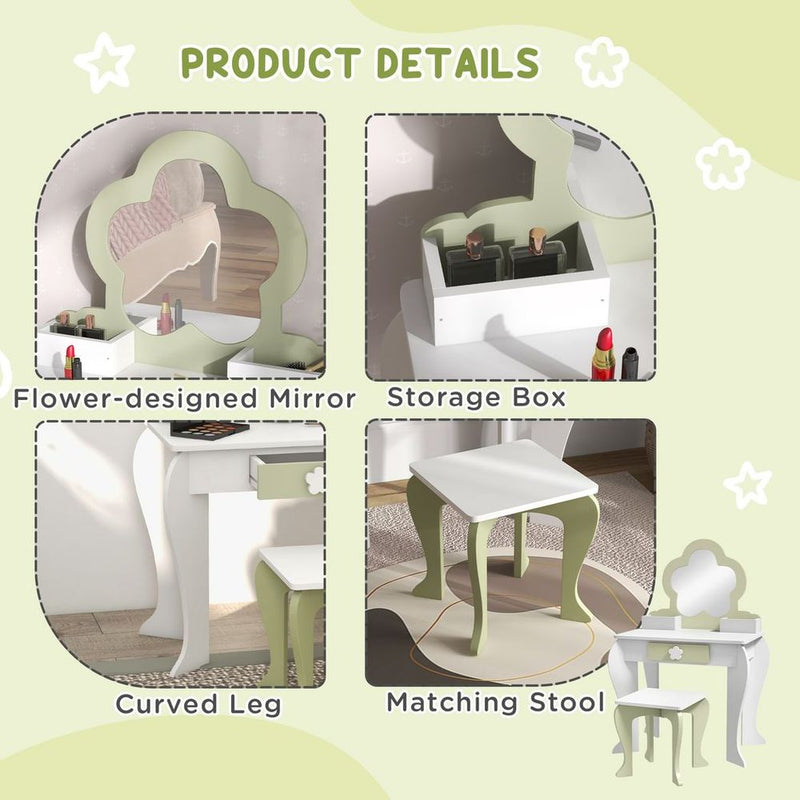 Kids Vanity Table Set, Beauty Flower Design - White