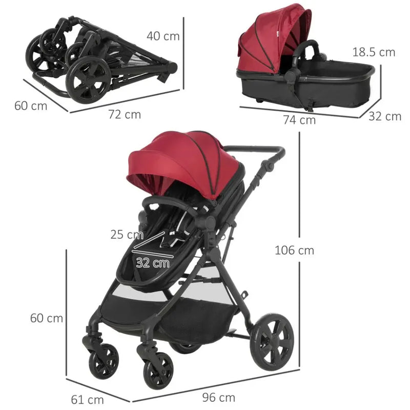 Foldable Baby Pushchair With Fully Reclining Backrest From Birth to 3 Years - Red