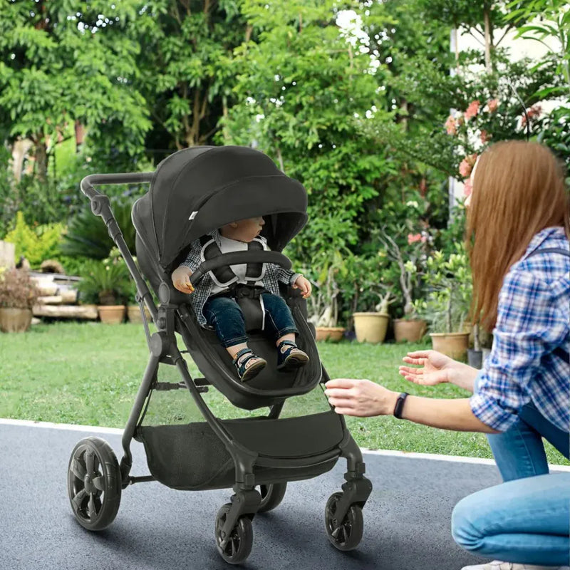 Foldable Baby Pushchair With Fully Reclining Backrest From Birth to 3 Years - Black