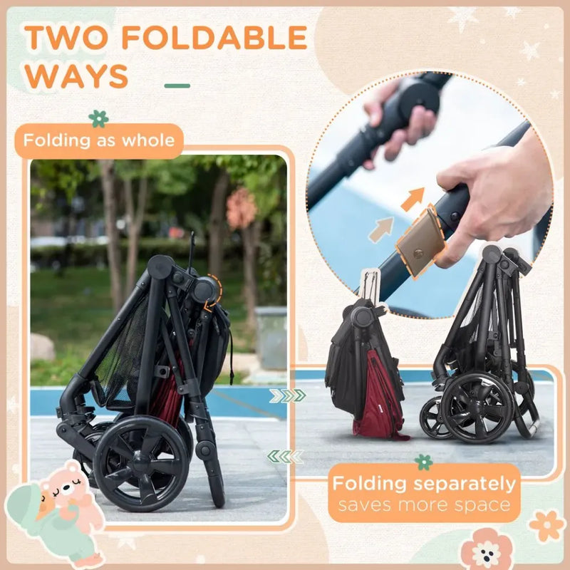 Foldable Baby Pushchair With Fully Reclining Backrest From Birth to 3 Years - Red