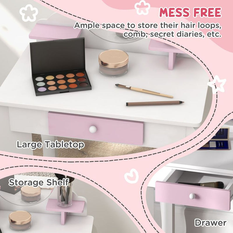 Kids Dressing Table with Mirror and Stool, Drawer, Storage Shelf