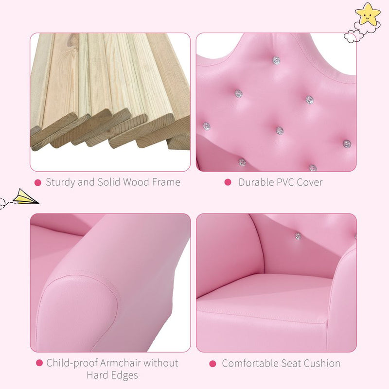 Kids Armchair & Footstool Set - Pink PU Leather - Crown Backrest Design