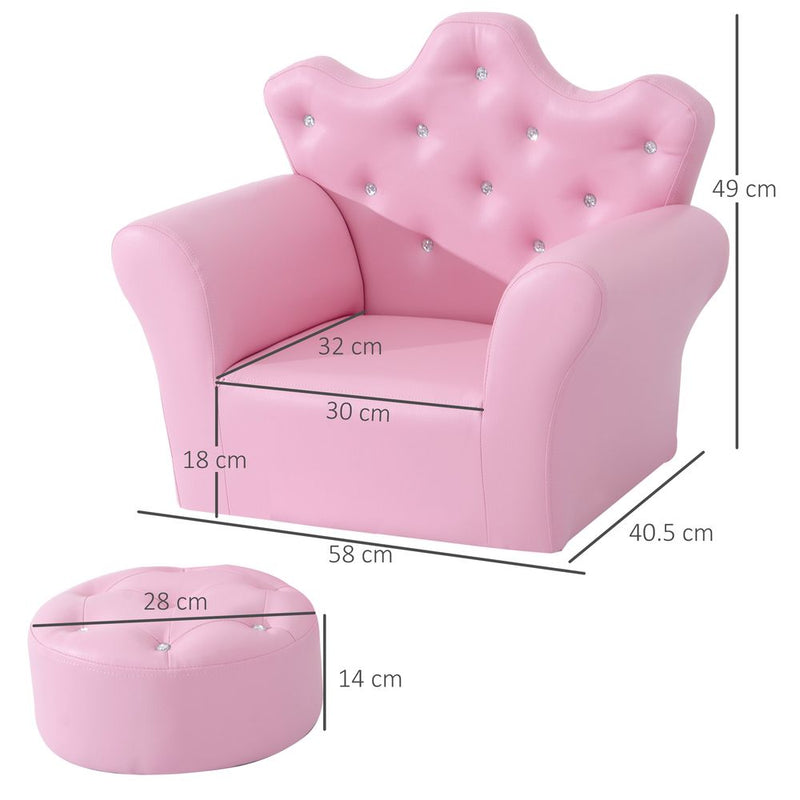 Kids Armchair & Footstool Set - Pink PU Leather - Crown Backrest Design