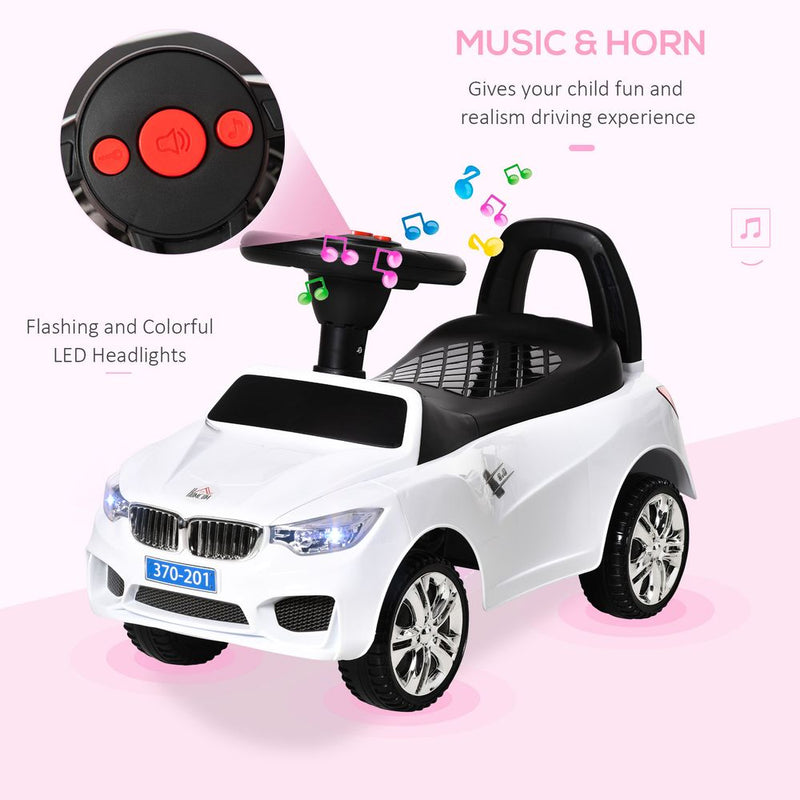 Toddler Ride-On Car Slider with Music, Lights & Under-Seat Storage - White