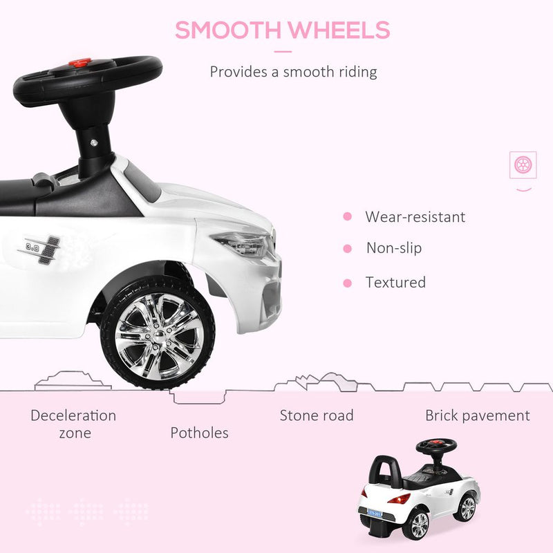 Toddler Ride-On Car Slider with Music, Lights & Under-Seat Storage - White