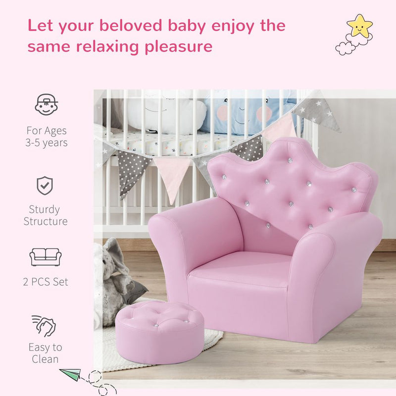 Kids Armchair & Footstool Set - Pink PU Leather - Crown Backrest Design