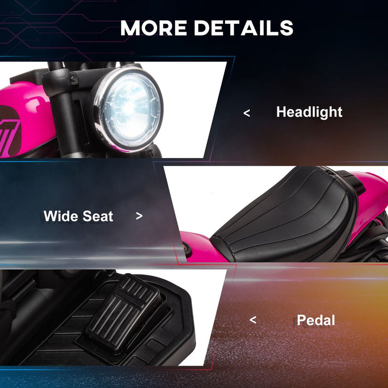 6V Electric Motorbike With Training Wheels, One-Button Start, Headlight - Pink