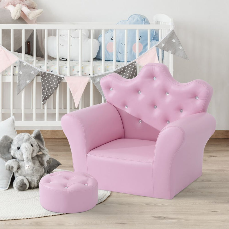 Kids Armchair & Footstool Set - Pink PU Leather - Crown Backrest Design