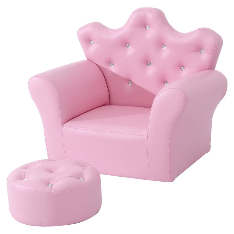 Kids Armchair & Footstool Set - Pink PU Leather - Crown Backrest Design